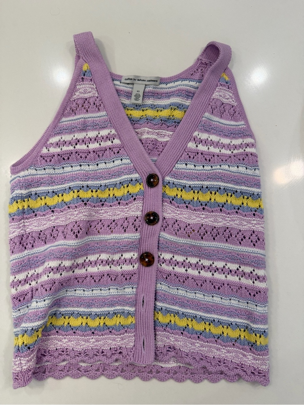 Autumn Cashmere Lilac Knit Button Vest with Yellow & Blue Stripes